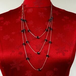 Silvertone serpentine chain necklace multistrand with purple faceted glass beads